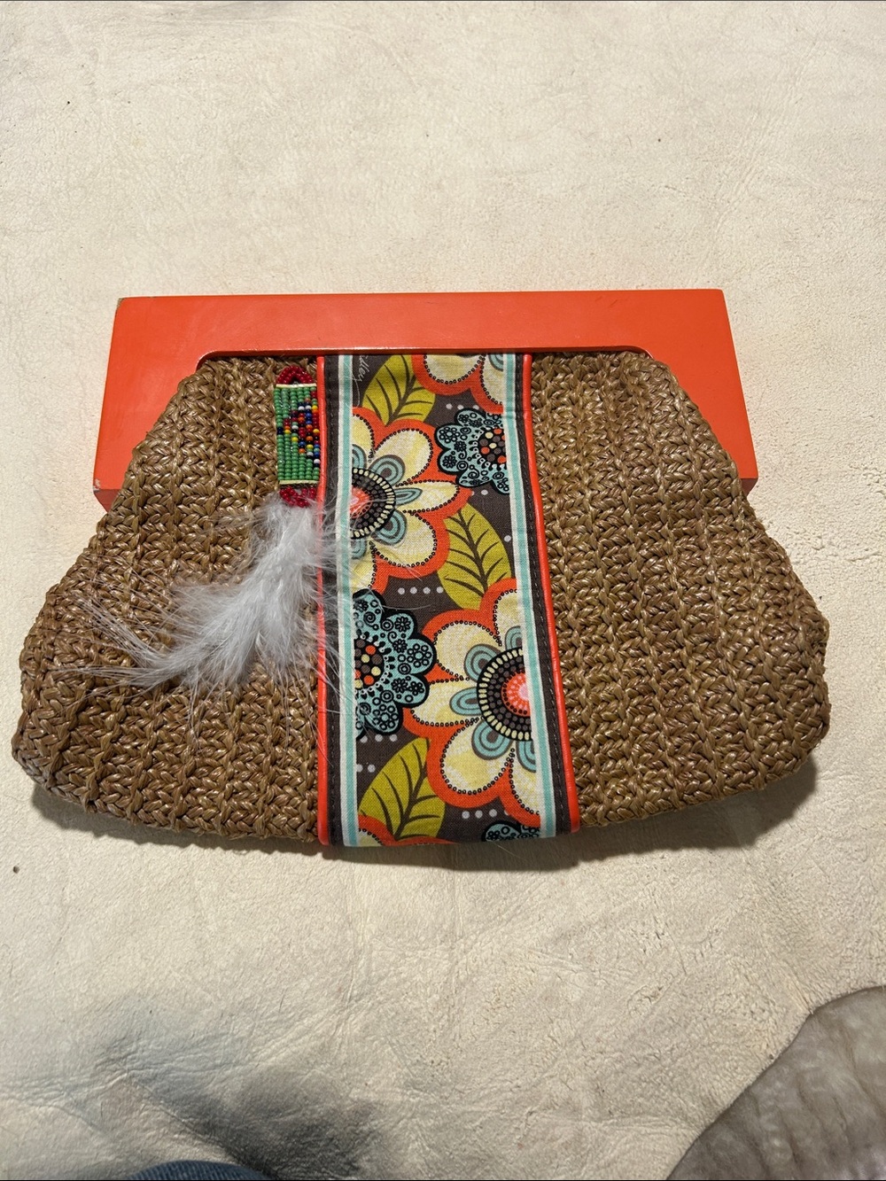 Vera Bradley Straw Clutch with Orange Trim and Multicolor Floral Ribbon